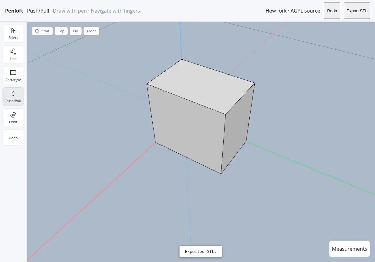Actual Penloft prototype with a 3D solid and the confirmation message Exported STL.