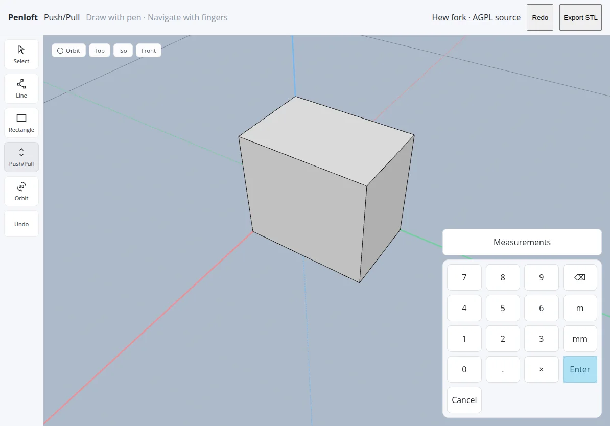 Actual Penloft prototype: extruded solid, Push/Pull tool and on-screen dimension keypad with meter and millimeter units.